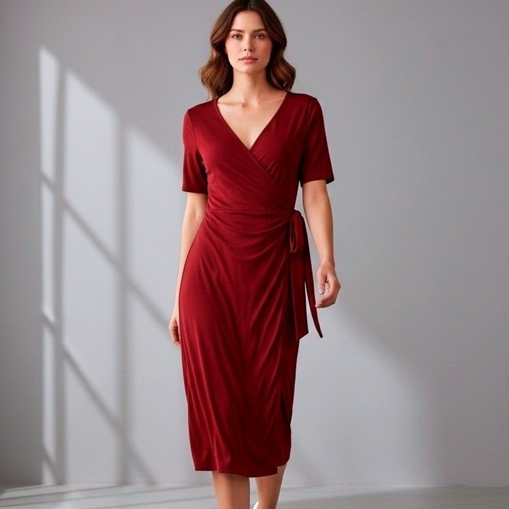 CHERLY Burgundy Faux Wrap Ruched Tie Waist Midi Dress Short Sleeve